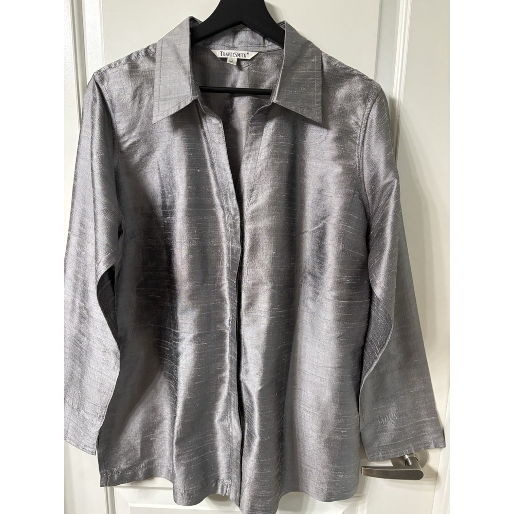 TravelSmith Womens Sz L Iridescent Gray 100% Raw Silk Blouse Jacket Button Down